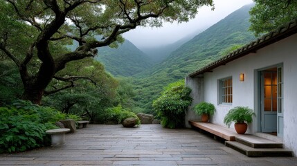 Serene white stucco house with terracotta roof sits on a patio overlooking lush green misty mountains and dense foliage under a dramatic overcast sky