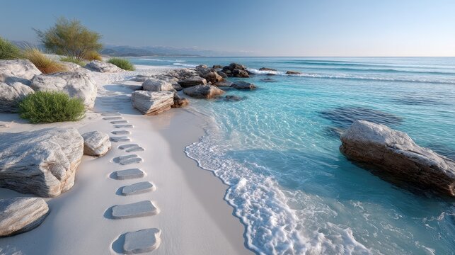 Serene White Sand Beach Pathway With Turquoise Water And Rocky Shoreline Under Bright Sunlight With Gentle Waves Lapping At The Shore