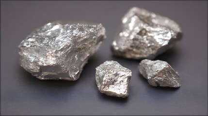 Naklejka premium Raw Silver Nuggets Shiny Metallic Mineral on Dark Surface. XAGUSD Silver Trading