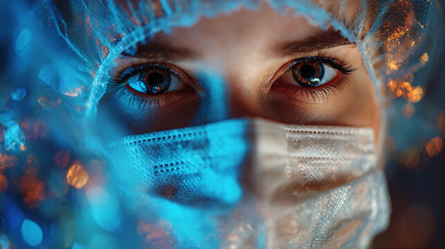 Doctor wearing protective mask and cap, looking ahead with hope and concern