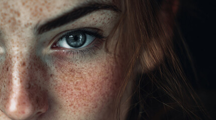Woman's close-up showing freckles, blue eye, and red hair, conveying natural beauty