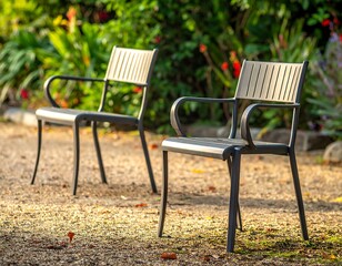 Two chairs sit on gravel in a garden, with green foliage