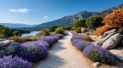 Scenic Wide Angle View of a Blooming Lavender Field Pathway Leading Towards a Serene Lake and Mountainous Horizon Under a Bright Blue Sky with Sunny Daylight Illumination
