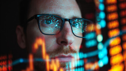 Man in glasses analyzing stock market data reflecting on screen