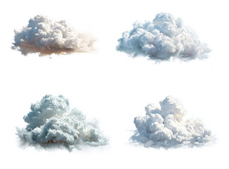 Four isolated fluffy clouds against a white background in a square arrangement format image