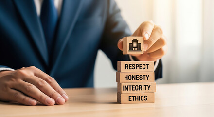 Businessman stacking wooden blocks representing business ethics and values