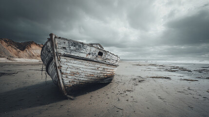 Shipwrecked boat resting on a desolate beach under a dramatic cloudy sky