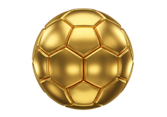 Luxury Golden Metallic Soccer Ball 3D Render Symbolizing Success, Championship, and Premium Sport Achievement, isolated on transparent background.
