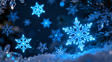 A festive abstract Christmas background featuring glowing blue snowflakes and a winter-themed design