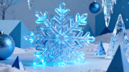 A festive abstract Christmas background featuring glowing blue snowflakes and a winter-themed design