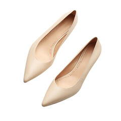 Stylish beige women's heels isolated on transparent background.
