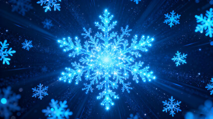 A festive abstract Christmas background featuring glowing blue snowflakes and a winter-themed design
