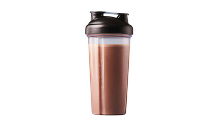 Chocolate protein shake in a portable blender bottle for fitness enthusiasts.