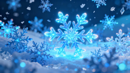 A festive abstract Christmas background featuring glowing blue snowflakes and a winter-themed design