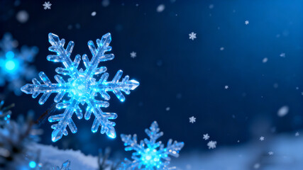 A festive abstract Christmas background featuring glowing blue snowflakes and a winter-themed design