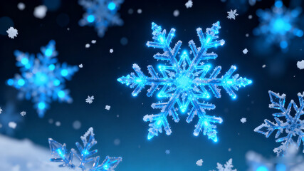 A festive abstract Christmas background featuring glowing blue snowflakes and a winter-themed design