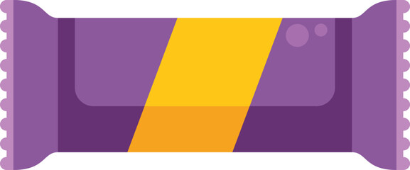 Flow pack packaging mockup for chocolate bar with purple wrap and yellow stripe, isolated on white background