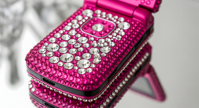 Extravagant Pink Rhinestone Cellphone: A Statement of Bold Style and Old-School Tech, Unveiling a Retro Flip Phone Adorned with Sparkling Rhinestones