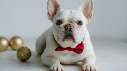 Loyal French Bulldog wearing a dapper red bow tie, exuding festive charm, perfect for National Dog Day celebrations
