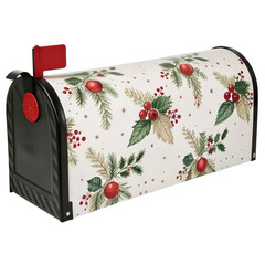 Decorative mailbox adorned with holiday-themed foliage and berries.