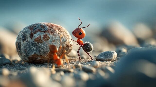 Determined cartoon ants working together to push a large rock, symbolizing teamwork, effort, perseverance, and overcoming challenges.