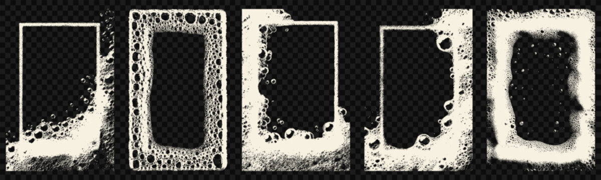 Transparent white soap frame collection with foam bubbles. Grunge detergent rectangle borders for glass washer, bath, and cleaning product backgrounds.