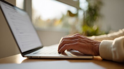 Aged hands dance across laptop keys, invoking digital symphony during Remote Work Day, capturing wisdom's dialogue with technology