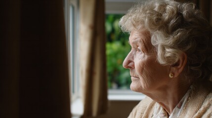 An elderly Caucasian woman gazes wistfully out the window, embodying solstice reflections, ancestral memories, and the spirit of Grandparents' Day
