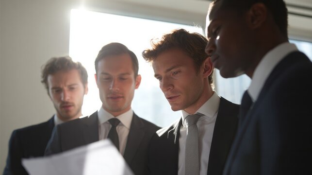 Business synergy unfolds in morning light, serious elegance; diverse professionals strategize with precision, World Productivity Day vibrancy