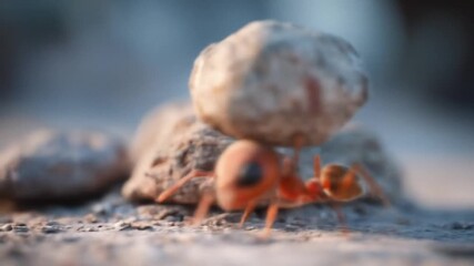 Close-up macro shot of a small red ant lifting and carrying a heavy rock, symbolizing strength, effort, determination, and hard work.