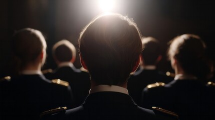 In the dim glow, poised silhouettes in naval attire await the dawn, symbolizing the Day of the Seafarer