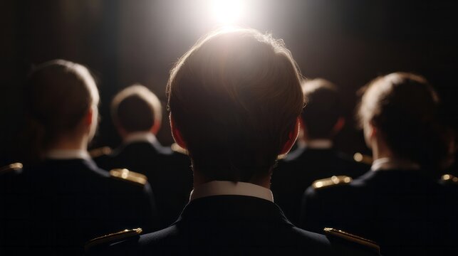 In the dim glow, poised silhouettes in naval attire await the dawn, symbolizing the Day of the Seafarer