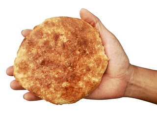 Holding a loaf of bread, isolated on a PNG background.