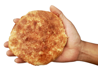 Holding a loaf of bread, isolated on a PNG background.