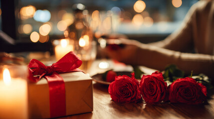 Romantic dinner celebration for two on Valentine's Day with candles and roses