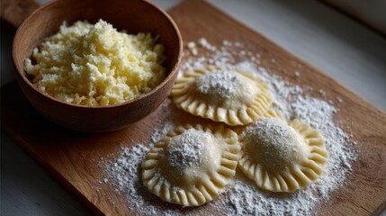 Fototapeta premium Handcrafted ravioli dusted with flour beside a rustic cheese bowl, evoking Italian Festa della Pasta and cozy kitchen warmth