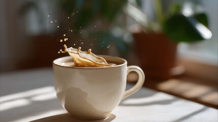 Creamy coffee splash dances in morning sunlight, invoking Hygge coziness and National Coffee Day's aromatic embrace