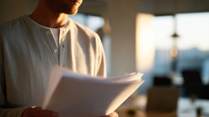 A contemplative Caucasian man, bathed in golden-hour glow, peruses documents, evoking Harvest Festivals and National Novel Writing Month