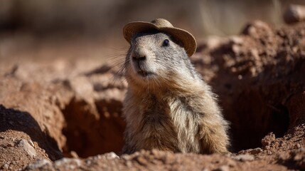 Inquisitive prairie dog wearing a rustic hat emerges, celebrating Groundhog Day and the whimsical spirit of Yule Fest