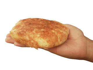 Holding a loaf of bread, isolated on a PNG background.