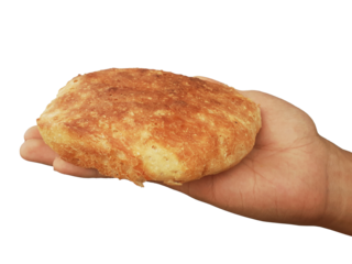 Holding a loaf of bread, isolated on a PNG background.