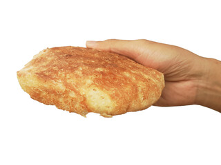 Holding a loaf of bread, isolated on a PNG background.