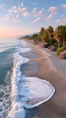 Serene Coastal Sunset with Gentle Waves Rolling onto a Sandy Beach Lined with Palm Trees and Purple Flowers Under a Softly Clouded Sky
