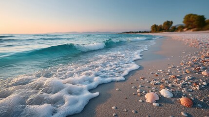 Serene Coastal Scene At Golden Hour With Gentle Waves Washing Over A Seashell Covered Beach Under A Clear Sky