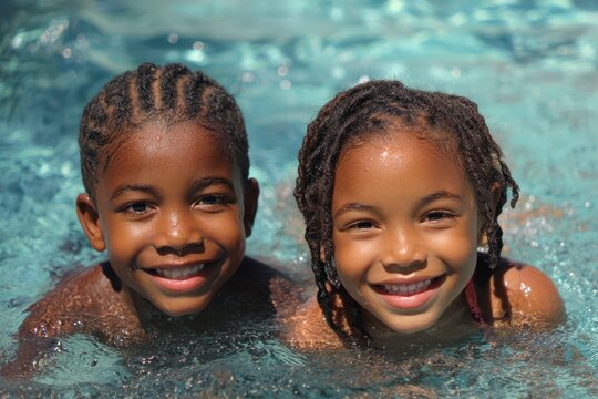 African American Kids Swimming. Smiling Children Having Fun in Pool with Family
