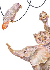 Watercolor safari composition with baby elephant cheetah ostrich and parrot on vine playing together friendly african animals in soft beige lilac tones perfect for boho nursery wall art and decor