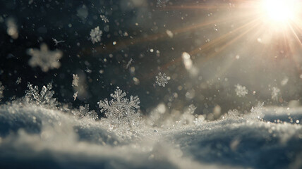 Naklejka premium Flying Snow Crystals And Snowflakes Illuminated By Bright Sunlight With Lens Flare Winter Scene Atmosphere