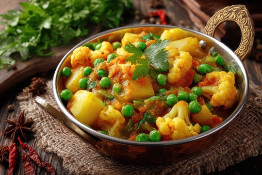 Aloo Matar. Authentic Indian Curry Dish with Cauliflower, Potatoes and Green Peas