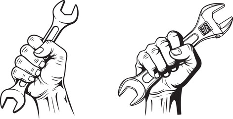 Hand Holding Wrench in Black and White Vector Illustration, Hand holding an adjustable wrench in detailed black and white sketch style. Vector illustration.....