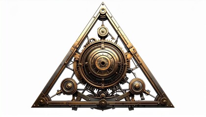 Industrial equilateral triangle made of thick metal beams, embedded gears and bolts, rusted textures, hollow center, symmetrical design on white background.